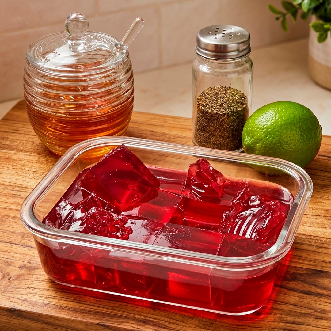 Vivid red jelly set in a glass rectangular container on a wooden board, with honey jar, spice shaker and lime in background